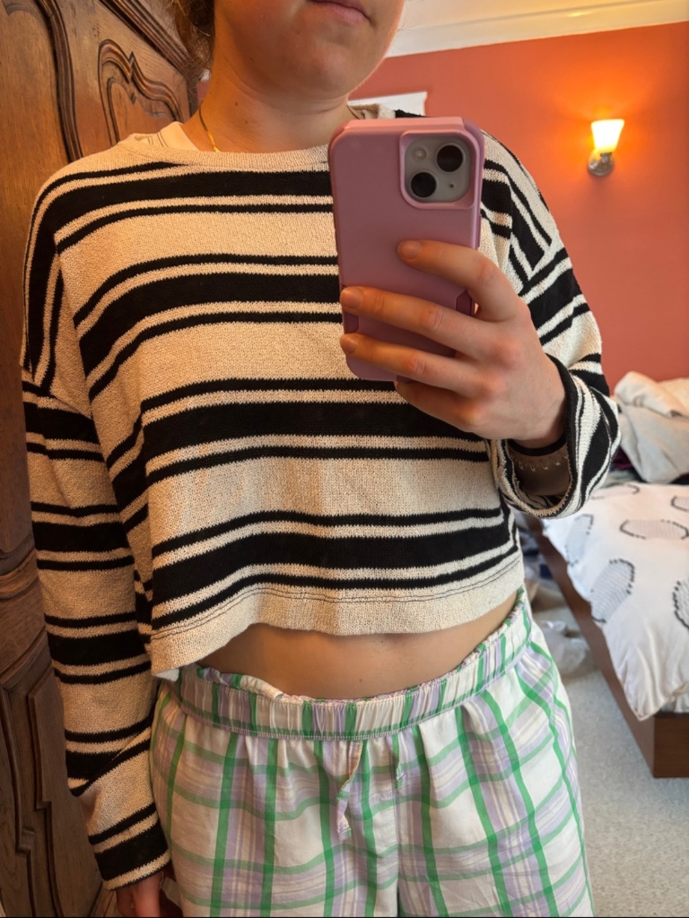 Zara size medium Black and Cream Striped Cropped Knit Top - Women